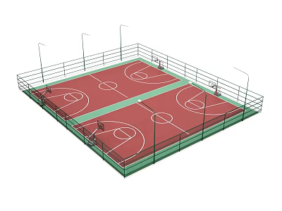 Double Basketball Court With Red Surface Green Borders Lighting Poles And Fencing 3d model