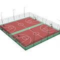 Double Basketball Court With Red Surface Green Borders Lighting Poles And Fencing
