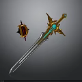 Fantasy Sword With Golden Decoration Glowing Blue Gem And D Emblem