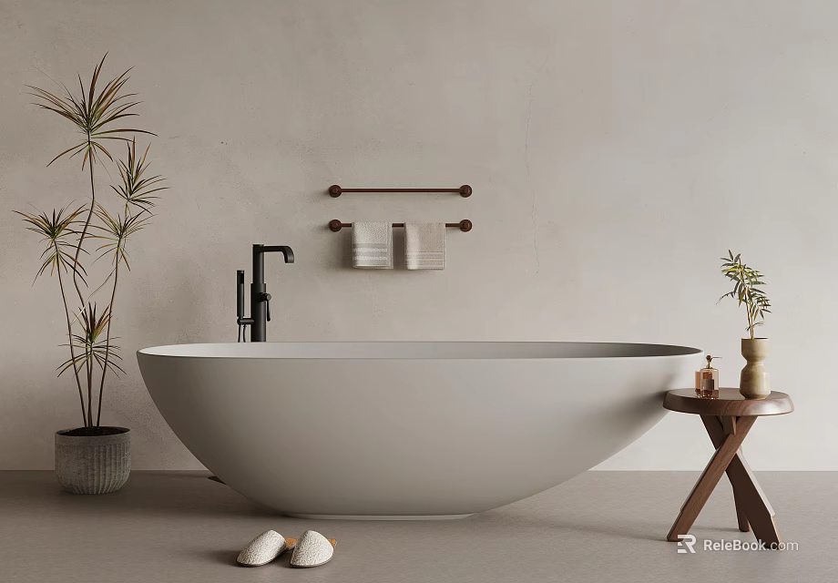 Modern Freestanding Bathtub Interior With Potted Plant Towel Rack Small Wooden Table And Slippers 3d model 