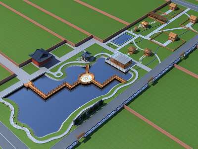 Chinese Park Riverside Architecture Waterscape 3d model