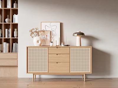 Stylish Modern Entryway Console Cabinet Design With Wooden Drawers Decorative Lamp And Wall Art 3d model