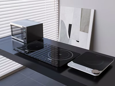 Modern Black Kitchen Countertop With Built In And Portable Induction Cooktops And Countertop Oven Appliances 3d model