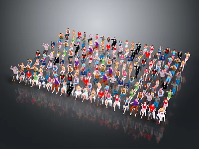Large Group of Colorful Characters Arranged in Wave Like Shape With Gray Background Reflections 3d model
