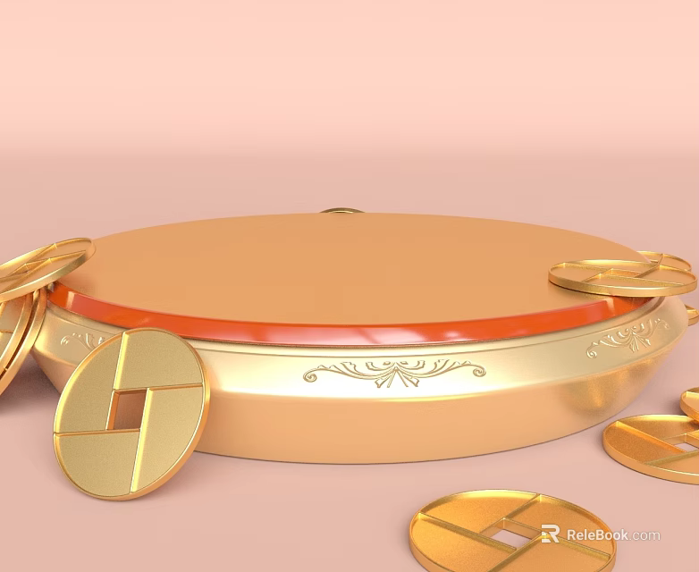 Golden Decorative Swing Door With Intricate Patterns And Red Accent Design 3d model