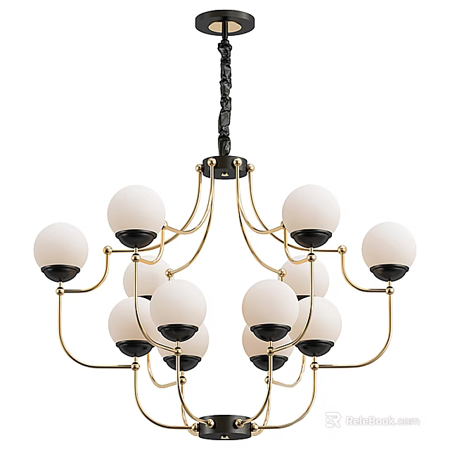 Modern Multi Tier Chandelier With White Globes Black Base And Golden Frame 3d model 