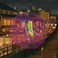 Ancient Architecture Lit Up with Warm Lights Alongside Countryside River and Fields