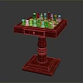 Red Wooden Chess Table With Black And White Pieces On Pedestal Stand