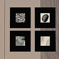 Four Abstract Paintings in Black Frames with Dot Oval Wavy Curve Patterns on Striped Solid Wall