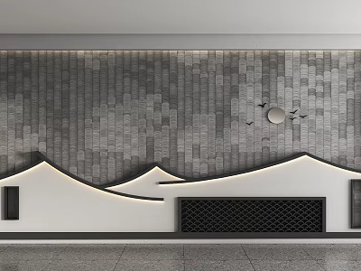 Gray Brick Background Wall With Mountain Curved Decorations Top Moon Flying Birds Black Grille Below 3d model