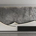 Gray Brick Background Wall With Mountain Curved Decorations Top Moon Flying Birds Black Grille Below