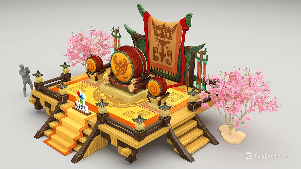 Traditional Chinese Style Stage With Decorative Drums Cherry Blossom Trees And Wooden Steps 3d model 