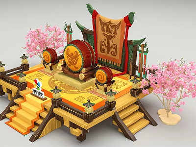 Traditional Chinese Style Stage With Decorative Drums Cherry Blossom Trees And Wooden Steps 3d model