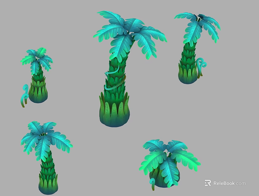 3D Rendered Tropical Palm Plants With Green Leaves And Textured Trunks Digital Art 3d model 