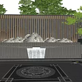 Modern Landscape Wall with Vertical Slat Grille Lighting Rockery Water Feature and Circular Floor Pattern