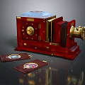 Vintage Red Retro Computer With Golden Parts And Classic Cards Design