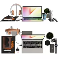 Sleek Modern Laptop Desk Setup With Wireless Headphones Books Stationery And Green Potted Plant