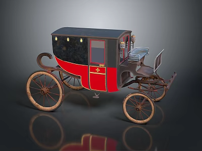 Classic Red And Black Antique Carriage With Wooden Wheels And Golden Emblem 3d model