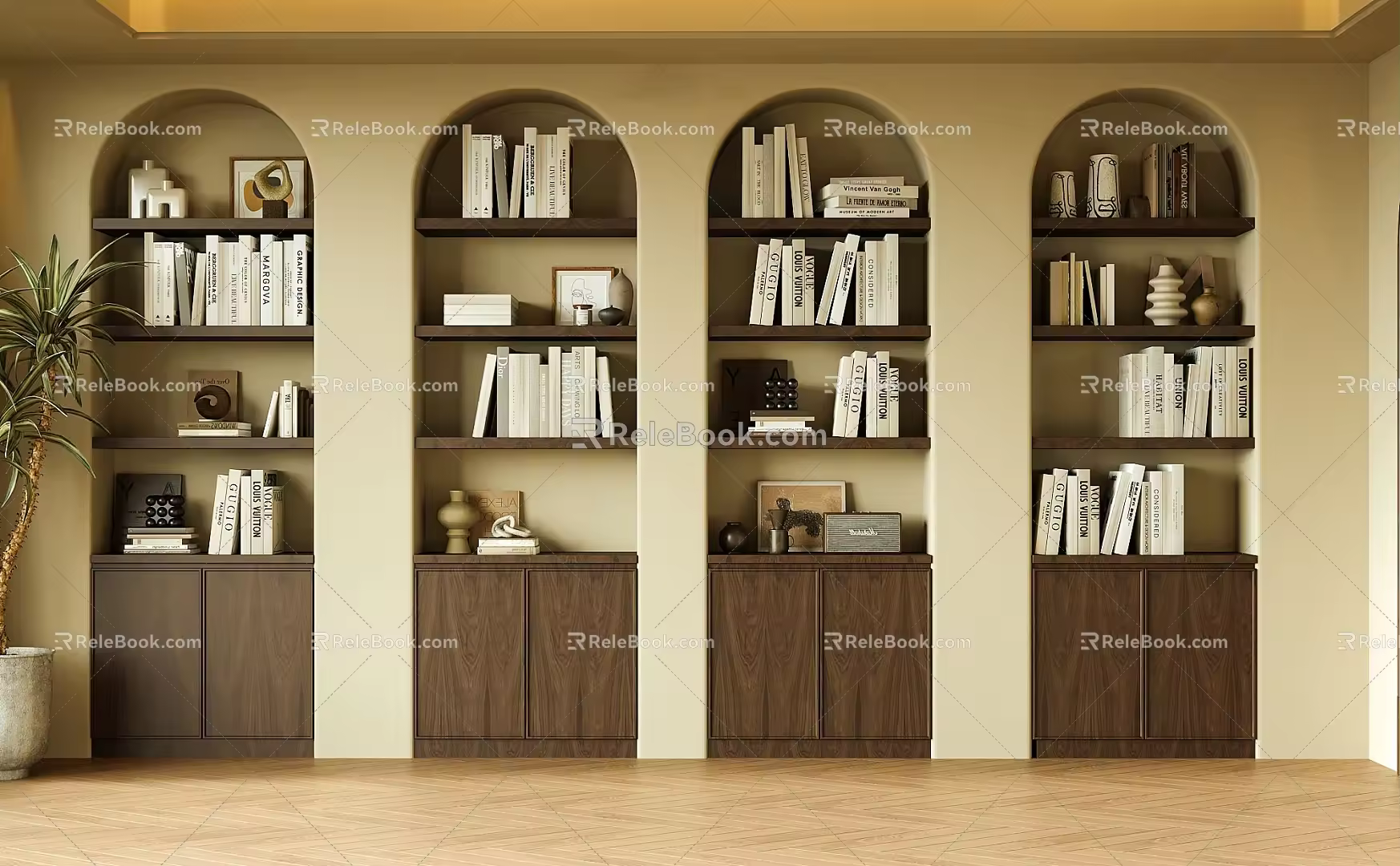 Bookcase bookshelf books ornaments background wall 3d model