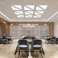 Modern Restaurant Interior with Geometric Skylight Wooden Decor Landscape Art Gray Chairs and White Tables