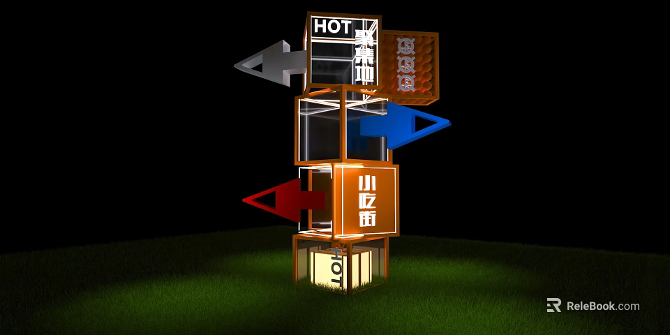 Garden Landscape With 3D Signpost Multiple Blocks Arrows Chinese Characters And Green Grass 3d model 