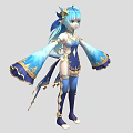 Blue Haired Fantasy Elf Character In Elegant Blue And Gold Outfit With Ornate Headpiece