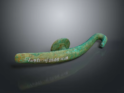 Ancient Bronze Hook Shaped Sculpture Carving With Green Patina And Intricate Inscriptions 3d model