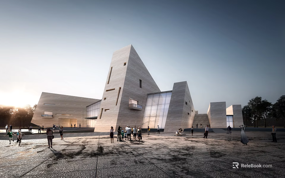 Modern Visitor Center With Geometric Architecture Glass Facade Outdoor Plaza And People Gathering 3d model 
