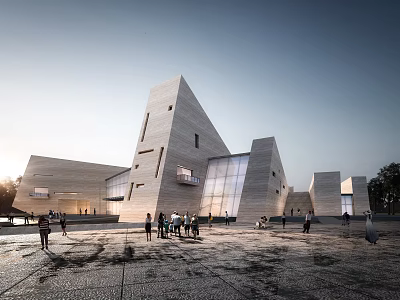 Modern Visitor Center With Geometric Architecture Glass Facade Outdoor Plaza And People Gathering 3d model