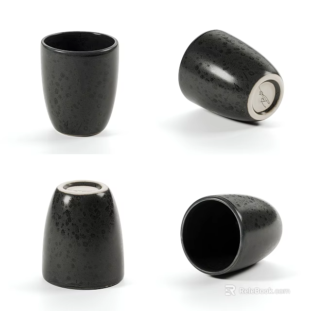Black Speckled Cup with Metal Base Displayed from Various Angles 3d model