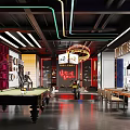 Harley Davidson Bar Interior With Motorcycle On Circular Platform Pool Table And Merchandise Shelves