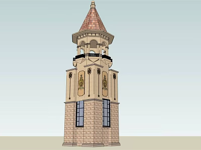 Ornate Stone Brick Tower With Decorative Carvings Spire Windows And Balcony 3d model