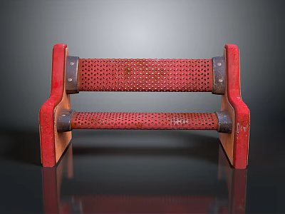 Red Metal Bench With Perforated Slats And Rustic Wooden Frame 3d model