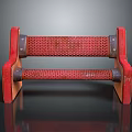 Red Metal Bench With Perforated Slats And Rustic Wooden Frame