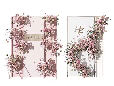 Elegant Floral Installation With Pink White Blooms Frame Structure And Event Decor Setup 3d model