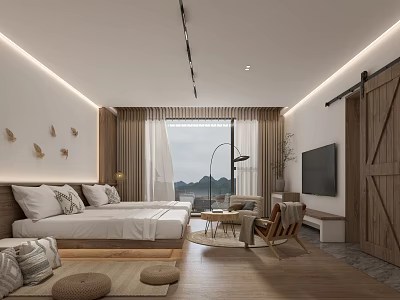 Modern Hotel Room with Large Bed Wooden Elements Floor to Ceiling Windows and Mountain View 3d model
