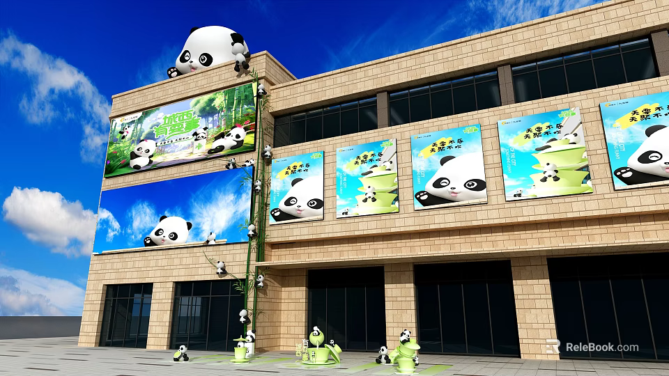 Outdoor Panda Themed Building With Large Billboards Sculptures And Bamboo 3d model 