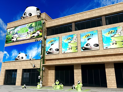 Outdoor Panda Themed Building With Large Billboards Sculptures And Bamboo 3d model