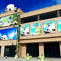 Outdoor Panda Themed Building With Large Billboards Sculptures And Bamboo