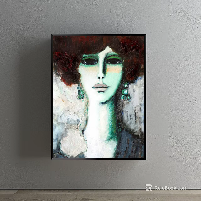 Artistic Female Portrait Painting With Dark Hair Green Face And Green Earrings 3d model 