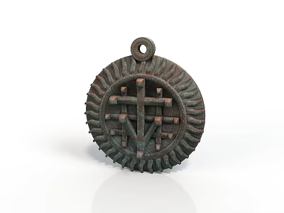 Intricate Bronze Circular Sculpture Carving Featuring Cross Pattern Top Loop And Radiated Edges 3d model