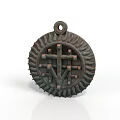 Intricate Bronze Circular Sculpture Carving Featuring Cross Pattern Top Loop And Radiated Edges