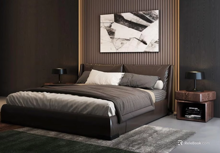 Modern Bedroom Interior with Dark Brown Double Bed Nightstands Table Lamps and Wall Artwork 3d model 