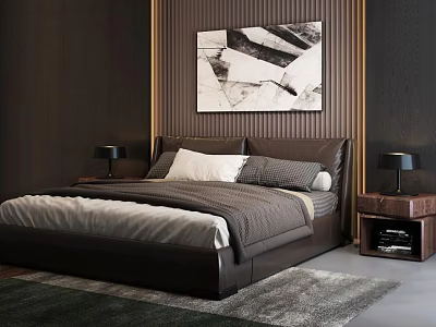 Modern Bedroom Interior with Dark Brown Double Bed Nightstands Table Lamps and Wall Artwork 3d model