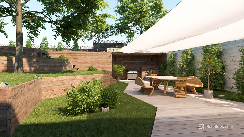 Courtyard Garden With Wooden Fences Canopy Lawn And Outdoor Dining Furniture 3d model 