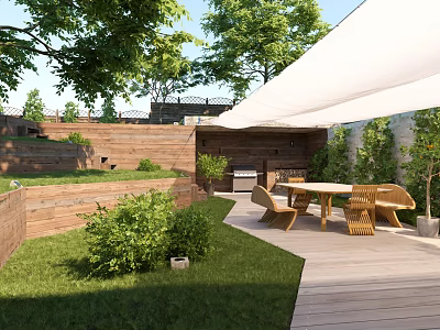 Courtyard Garden With Wooden Fences Canopy Lawn And Outdoor Dining Furniture 3d model