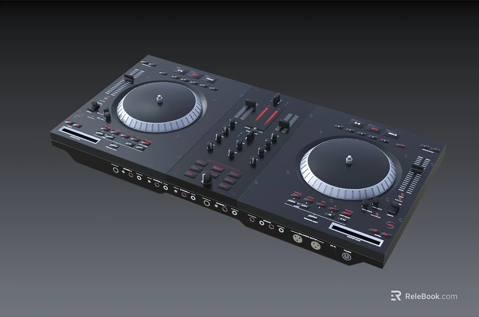 Professional Headphone Audio DJ Mixer Featuring Dual Turntables Control Knobs and Sliders 3d model