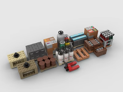 Colorful Building Blocks With Various Models Including Tools Crates Cans And Pallets 3d model