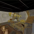 Traditional Rustic Building Interior With Wooden Ceiling Stone Walls Fireplace And Staircase