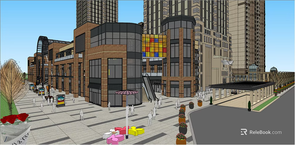 Modern Commercial Street Featuring Contemporary Buildings Pedestrians And Shop Fronts 3d model 